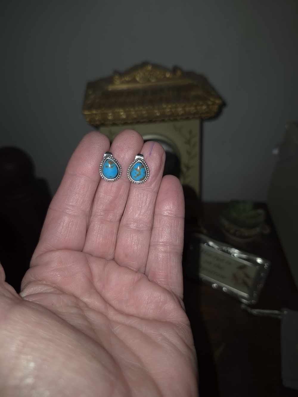 Hand Crafted Turquoise Teardrop Earrings - Silver Trim